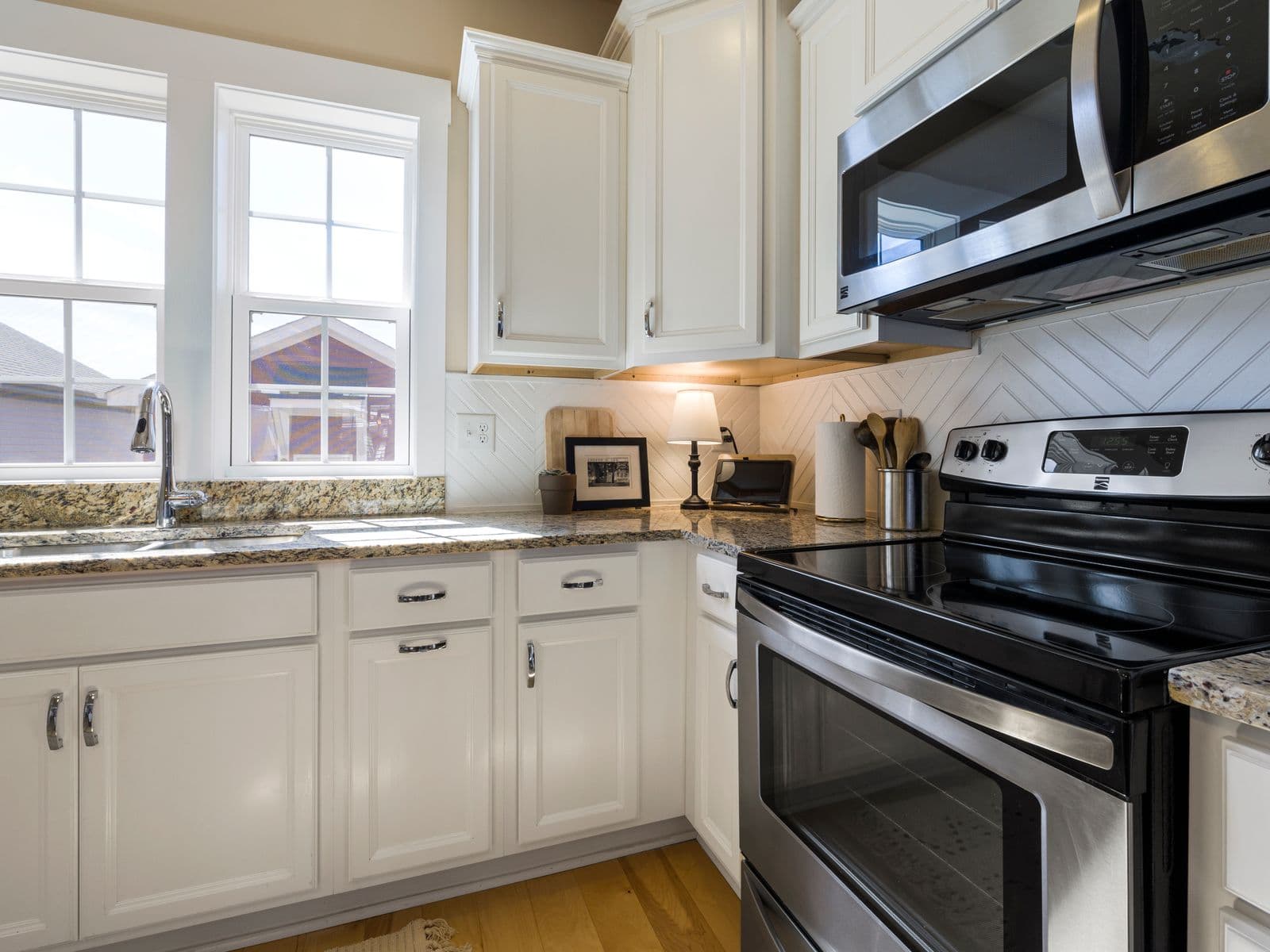 Bright white refinished kitchen cabinets