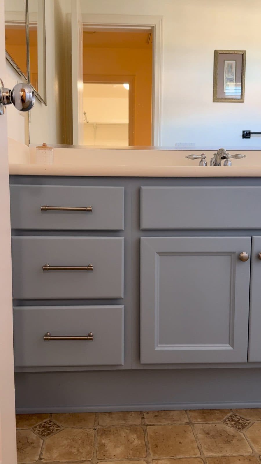 Bathroom vanity refinished in blue gray