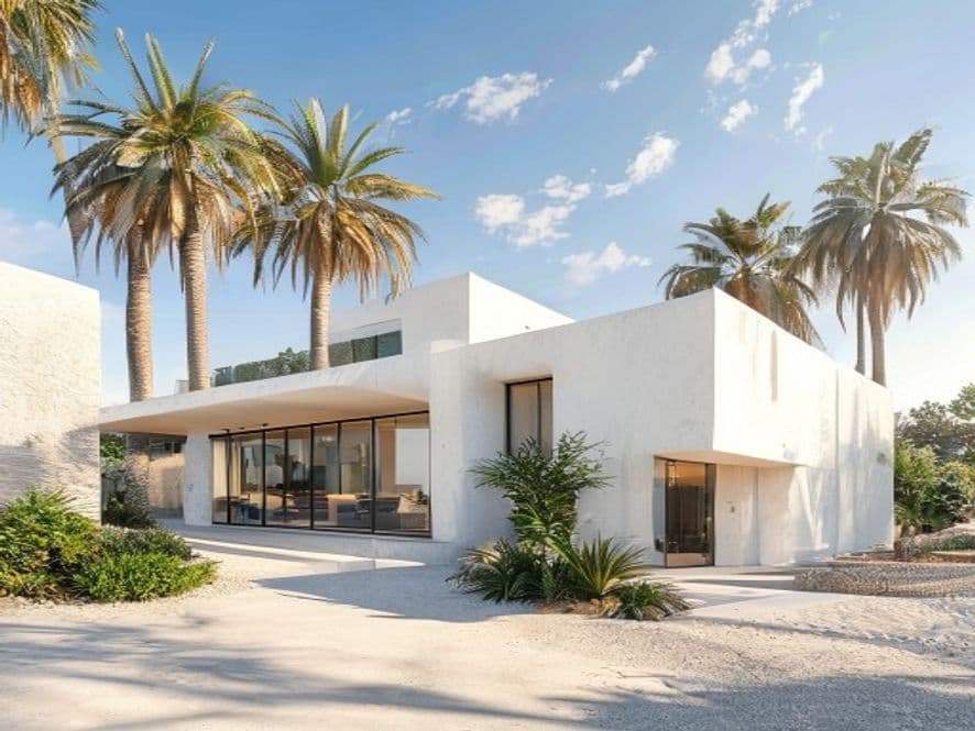 Modern coastal home with white stucco exterior