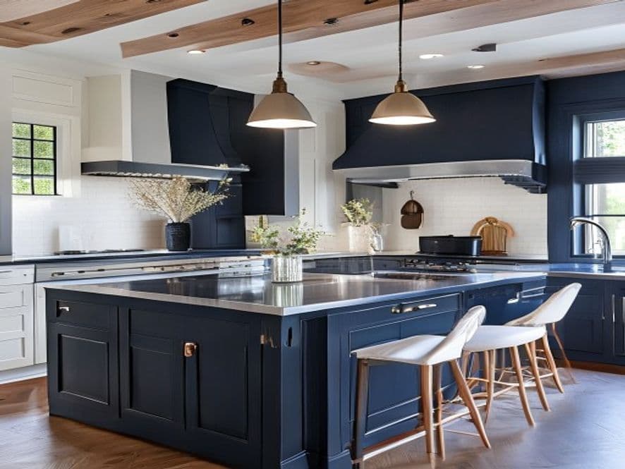 Two-tone kitchen with navy island after refinishing