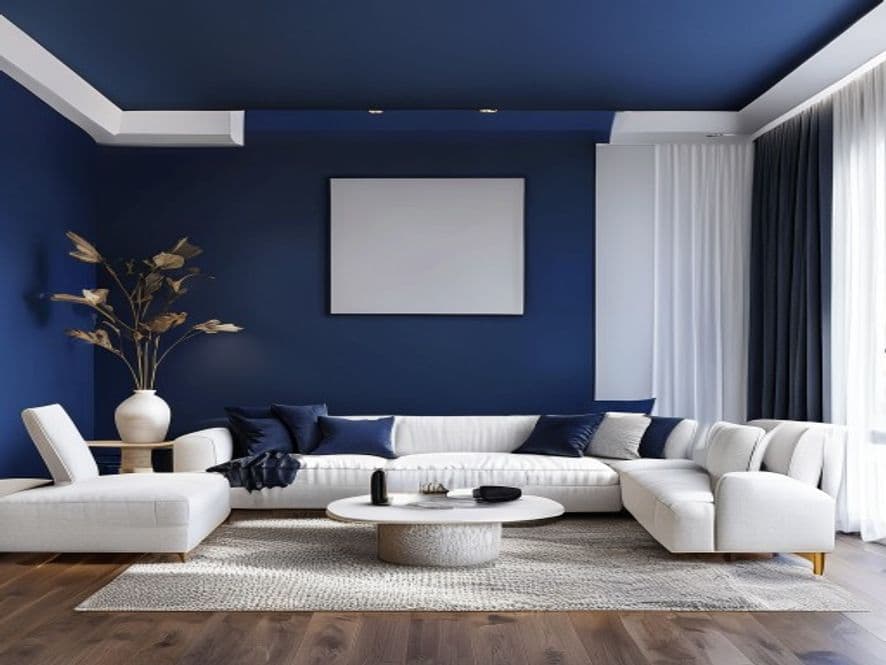Modern living room with navy blue accent wall