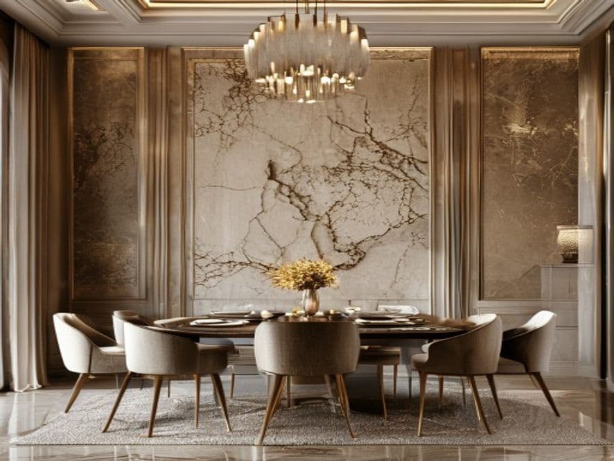 Elegant dining room with venetian plaster faux finish